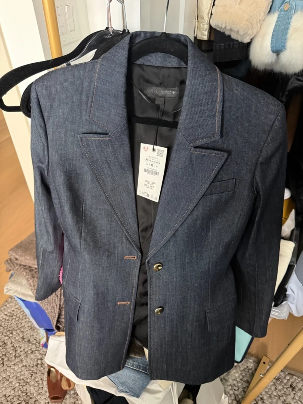 Zara Dark Indigo Denim Blazer with Gold Buttons - Picture 2 of 7